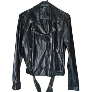 Forever 21 Faux‎ Leather Motorcycle Jacket Womens Size Medium Black with Belt